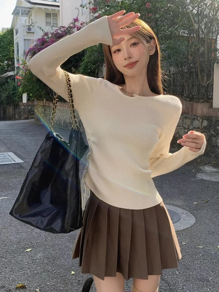 

Сексуальный однотонный свитер, сексуальные пуловеры, женская одежда, туника с круглым вырезом, джемпер на шнурке, вязаный укороченный пуловер, женские топы Sueter Mujer