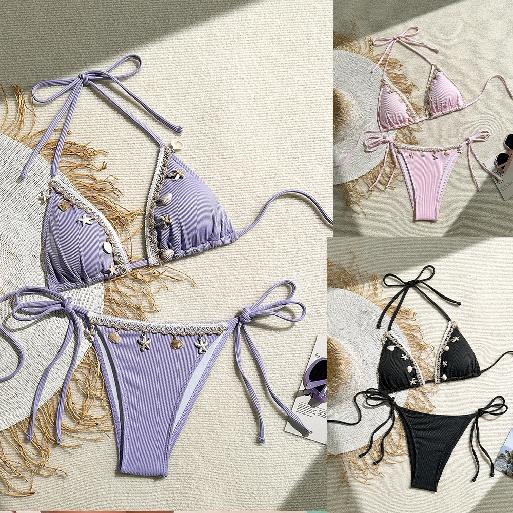 Sexy Women's Bikini Europe America Solid Color Lace Up Shell Swimsuit Split Beach Vacation By The Sea Fashion Women's Swimsuit