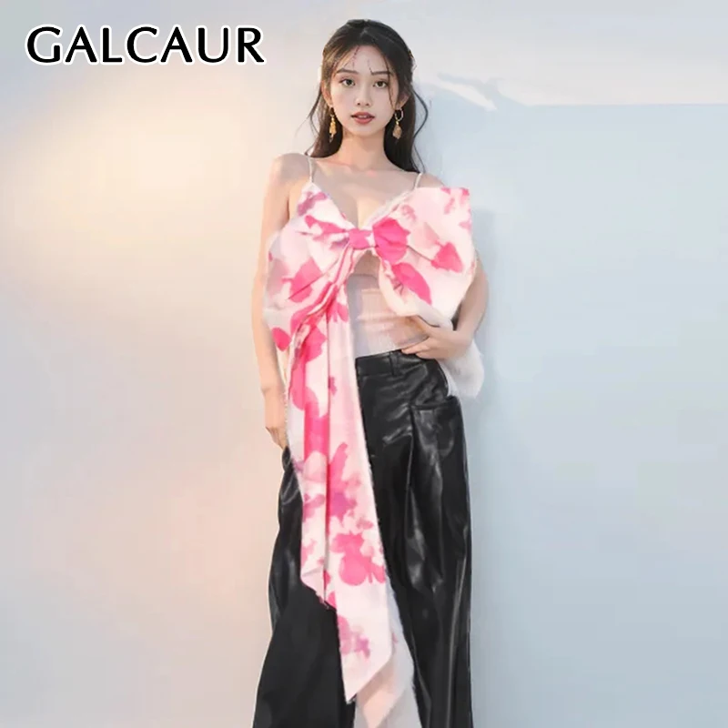 

GALCAUR Print Hit Colour Vests For Women Square Neck Sleveless Backless Spliced Bowknot Sexy Slimming Summer Vest Female 2024