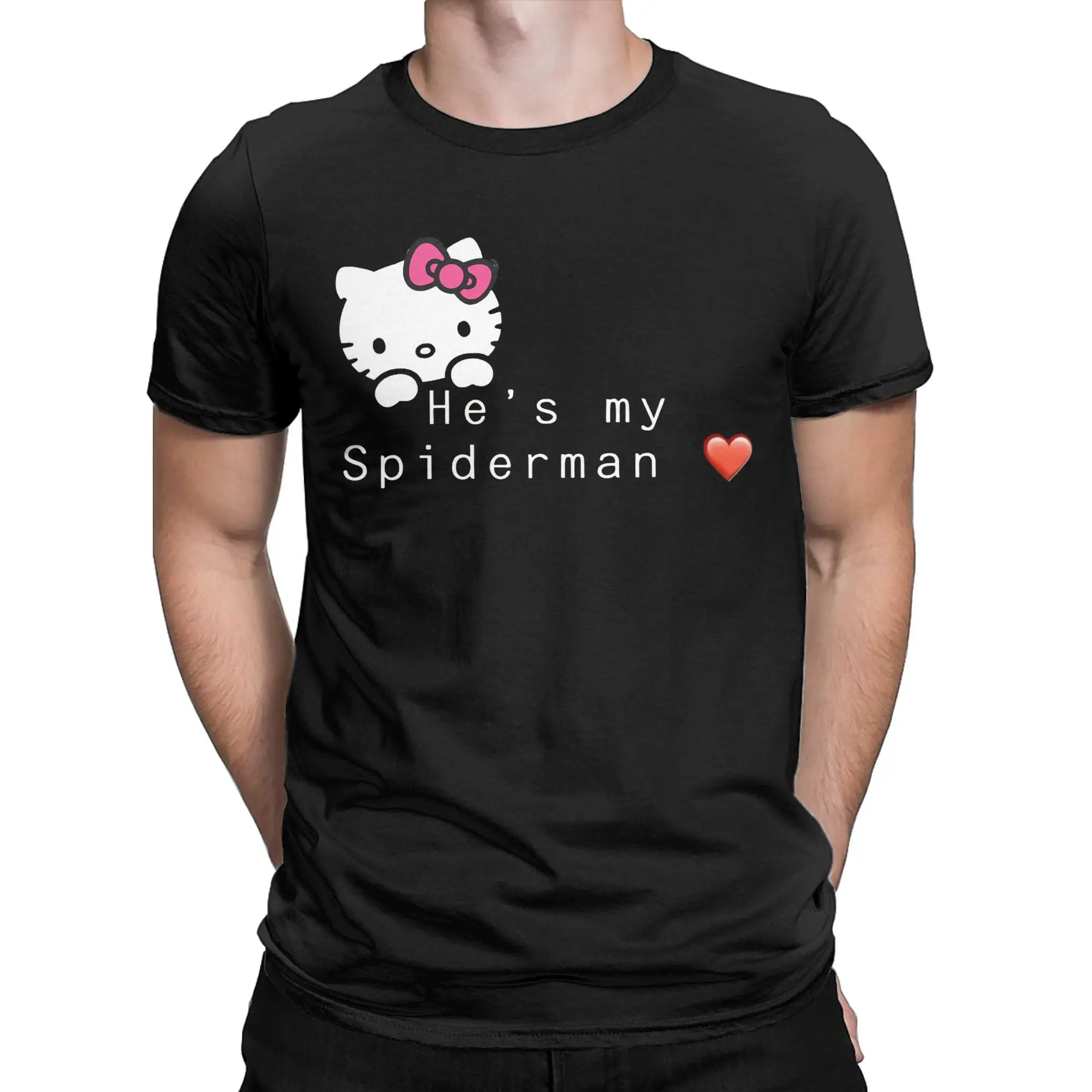 Hello Kitty He's My Spiderman T-Shirt For Men Women Cotton Tops Priting  Round Neck Short Sleeve