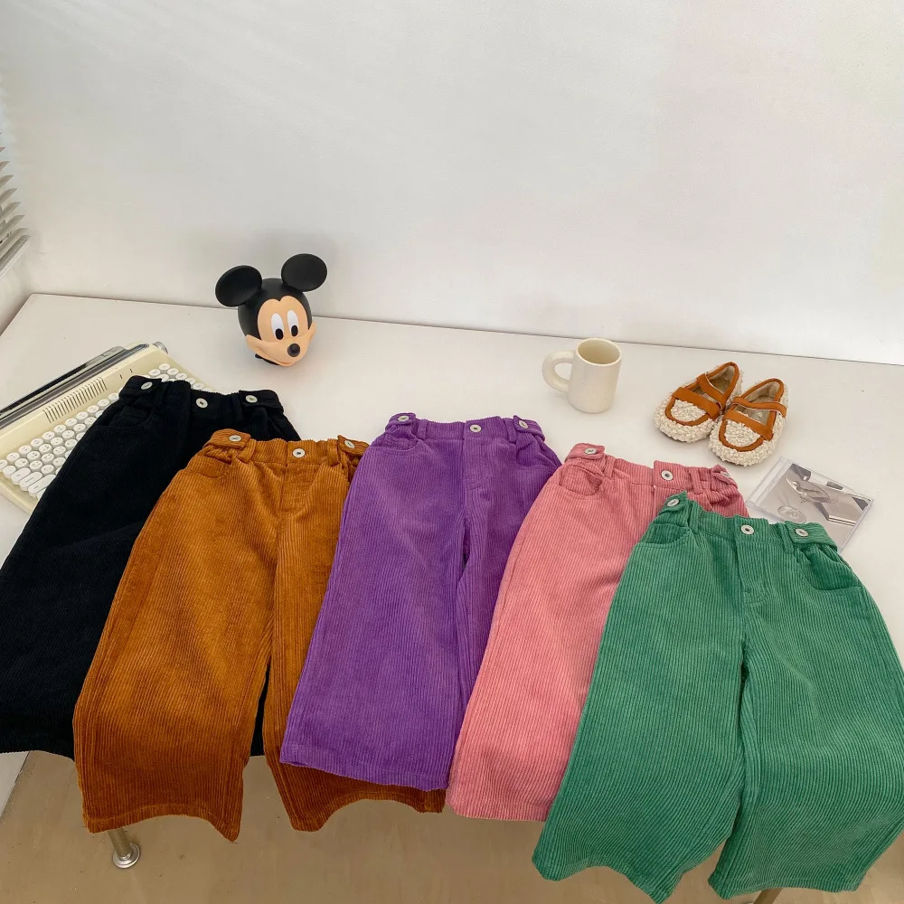 Autumn Fashion Kids Corduroy Casual Pants Boy Baby All-match Loose Pockets Wide Leg Pants Girl Children Cotton Solid Trousers