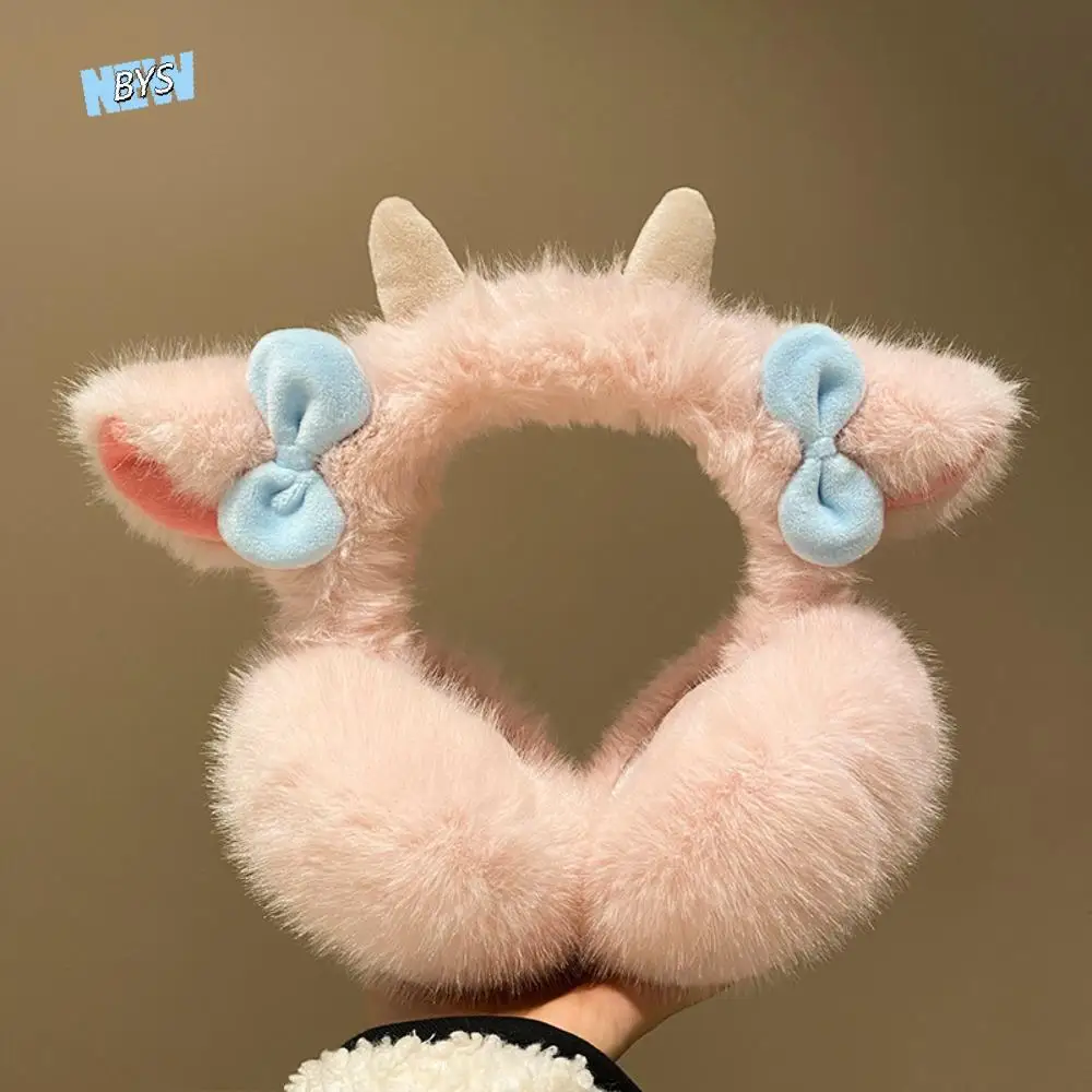 

Soft Plush Little Lamb Horns Earmuffs cartoon Small Bow-knot Cute Ear Cover Foldable Elastic Winter Ear Warmer Winter Outdoor