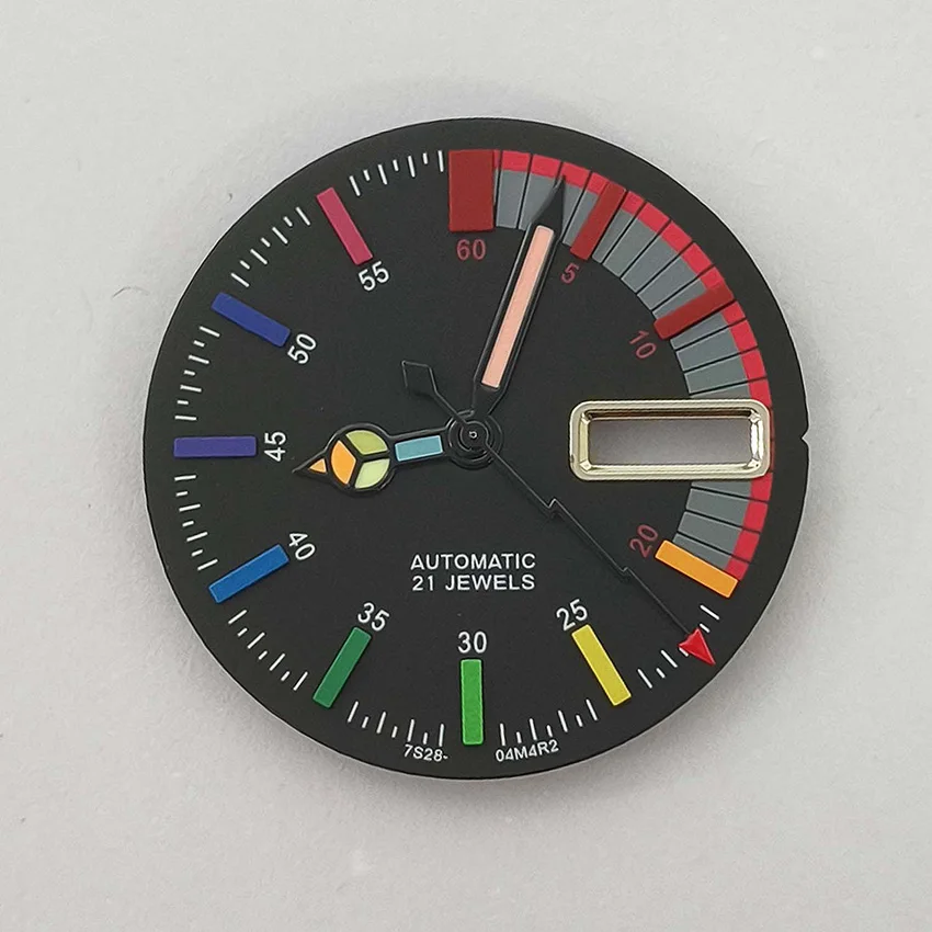 28.5MM Colorful Marks Luminous Metal Watch Dial + Hands Black/ White Frosted Surface Long Window Watch Parts for NH36 Movement