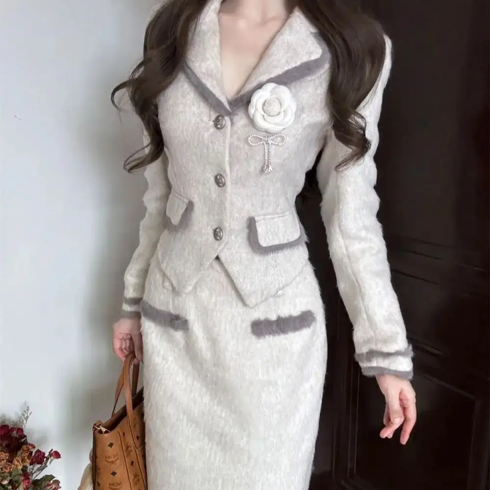 

Two-Piece Women Skirt Rich Girl Xiaoxiang Style Woolen Suit Jacket Autumn Winter New Style High Waist Slimming