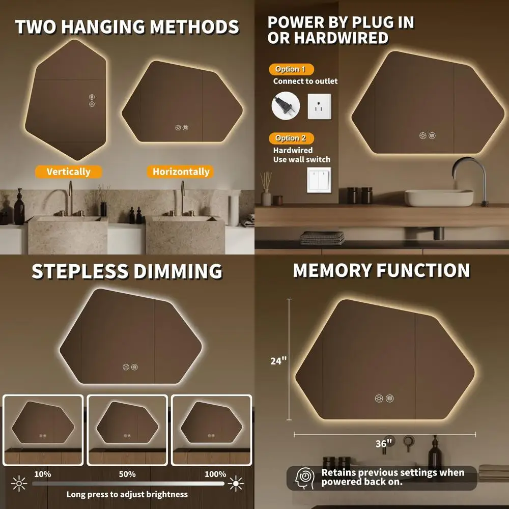 

Зеркало для макияжа с LED-подсветкой 24 x 36 дюймов, неправильной формы, с функцией антизапотевания и 3-цветной регулируемой подсветкой