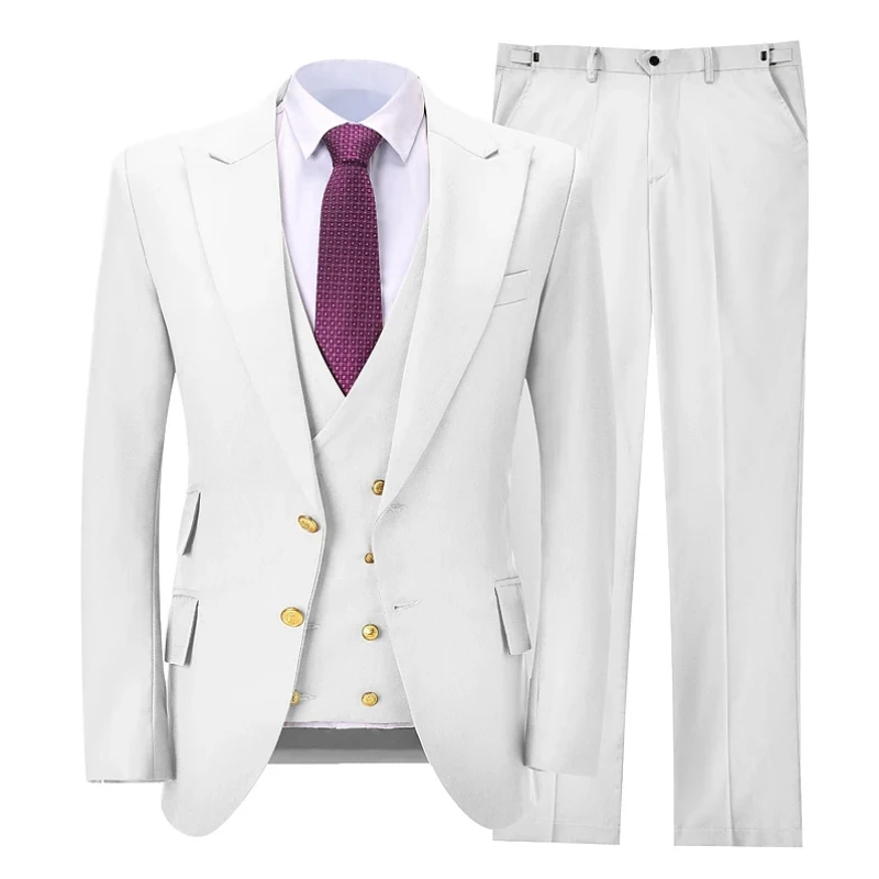 Men Suit 3 Pieses White Solid With Lapel Casual For Wedding Birthday Business Work Set Jacket Vest With Pants