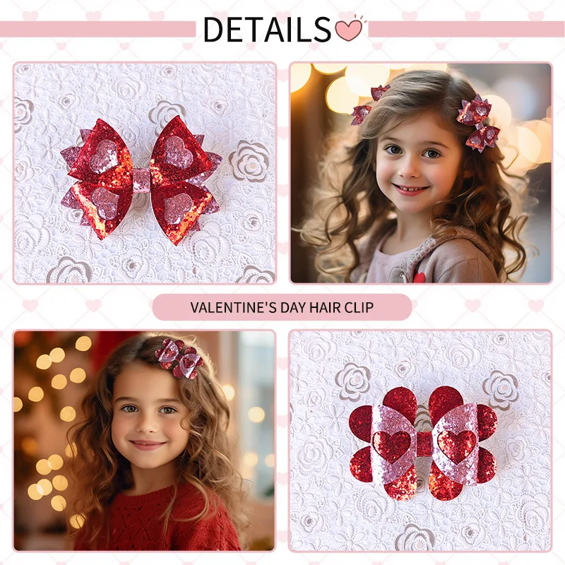 Valentine's Day Hair Accessories Kids Hollow Heart Shiny Bow Cute Hair Barrettes Bobby for Women Girls Decorative Wedding Gifts