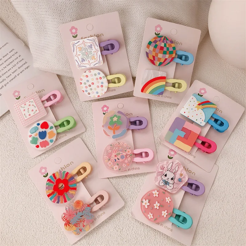 korean-children's-cream-candy-color-printing-floral-plaid-large-duck-bill-clip-girls-parent-child-spray-paint-color-pair