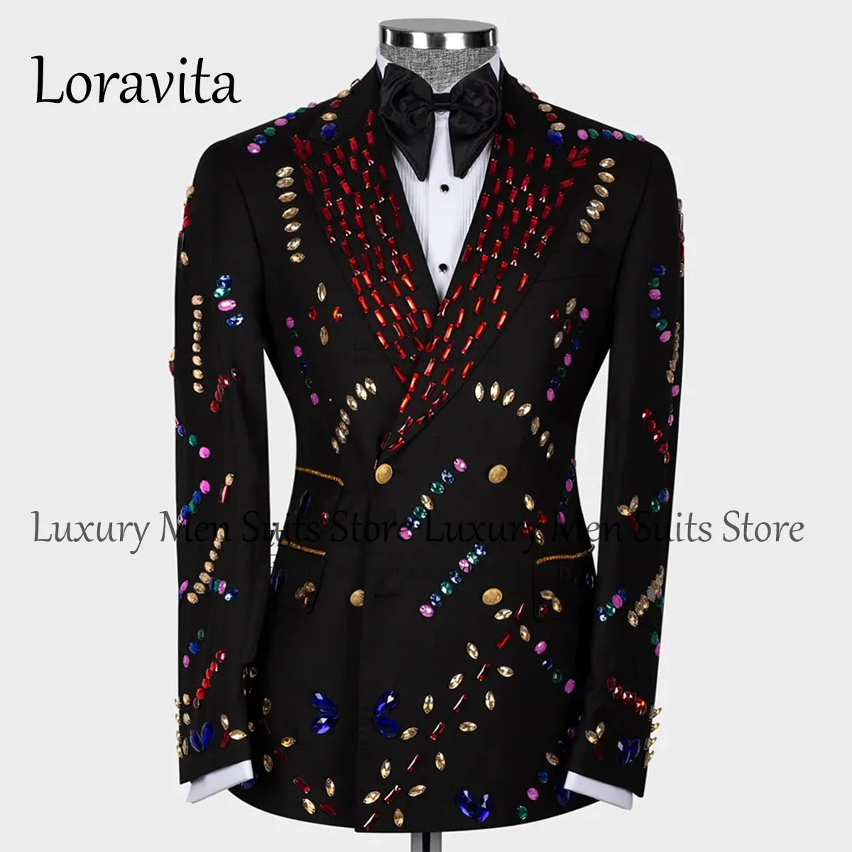 

Sparkly Embellished Men Suits Peaked Lapel 2 Pieces Sets Groom Tuxedos Wedding Prom Blazers Pants Terno Masculino Completo