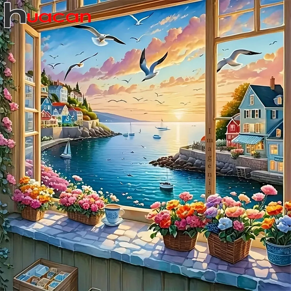 Huacan DIY Diamantmalerei Sonnenuntergang am Meer Haus Diamant-Mosaik Landschafts-Sets Dekorative Gemälde