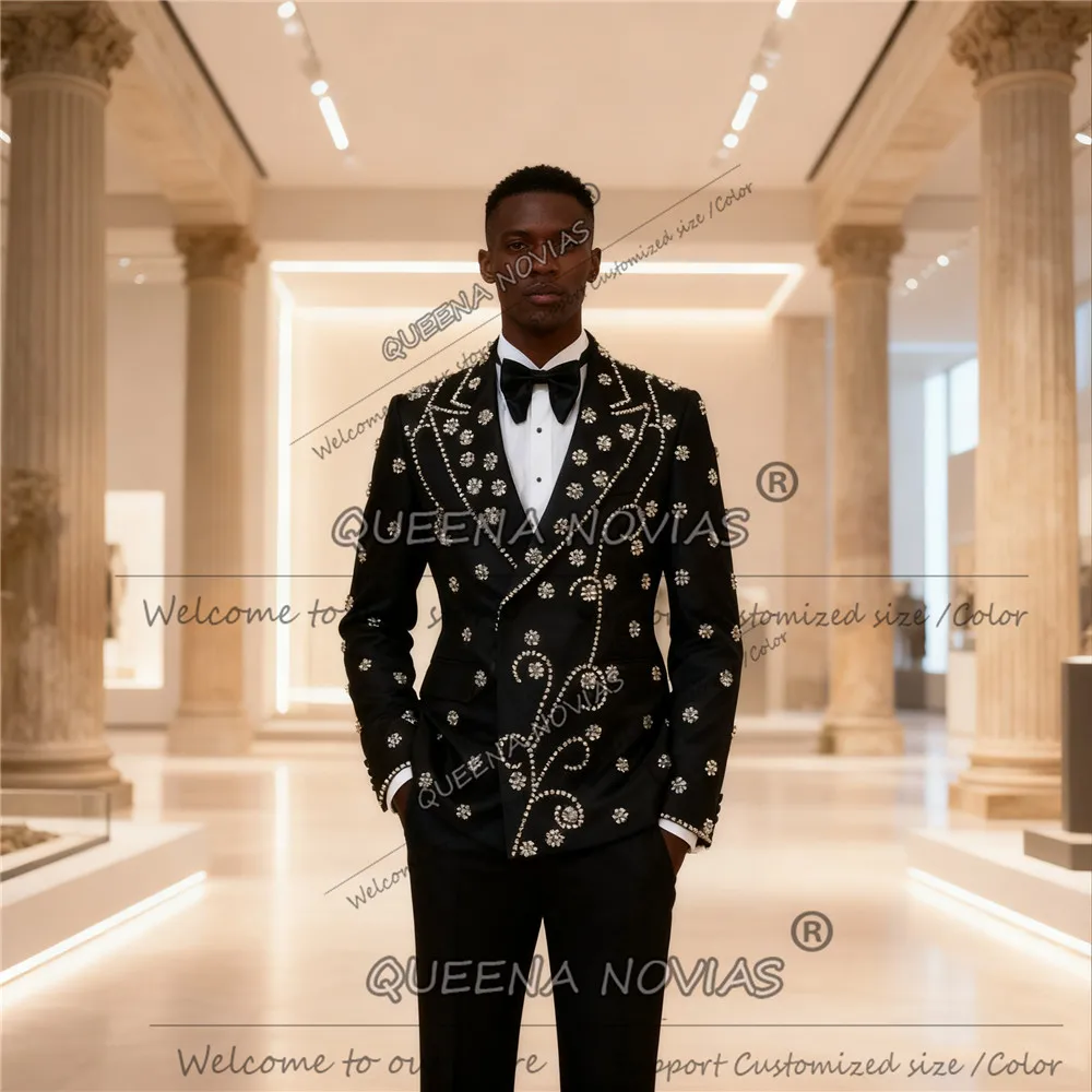 

Luxury Jewelry Stones Suit Men For Wedding 2 Piece Set Doubel Breasted Groom Blazers Customized Man Banquet Tuxedos Slim Fit
