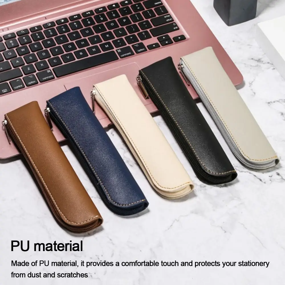 Pen Sleeve PU Leather PU Pencil Bags Solid Color Large Capacity Pen Bags Pen Holder Office Supplies