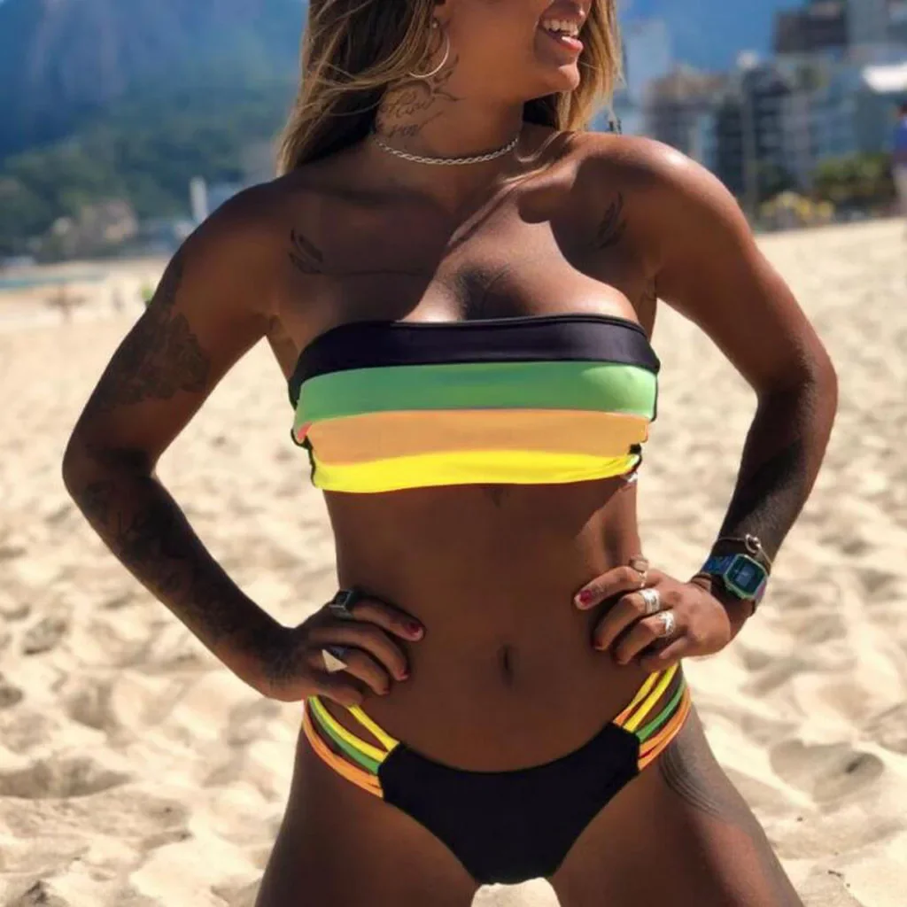 Rainbow Crop Tube Swimsuits Bathing Suit Push-Up Beachwear Women String Lace Up Bikini Set Swimwear Padded Bra Bathing Suits