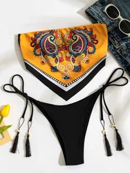 2024 Print Bikinis Women Bandeau Swimwear Back Cross Halter Swimsuit Micro Bathing Suit Femme Thong Swim Wear Summer