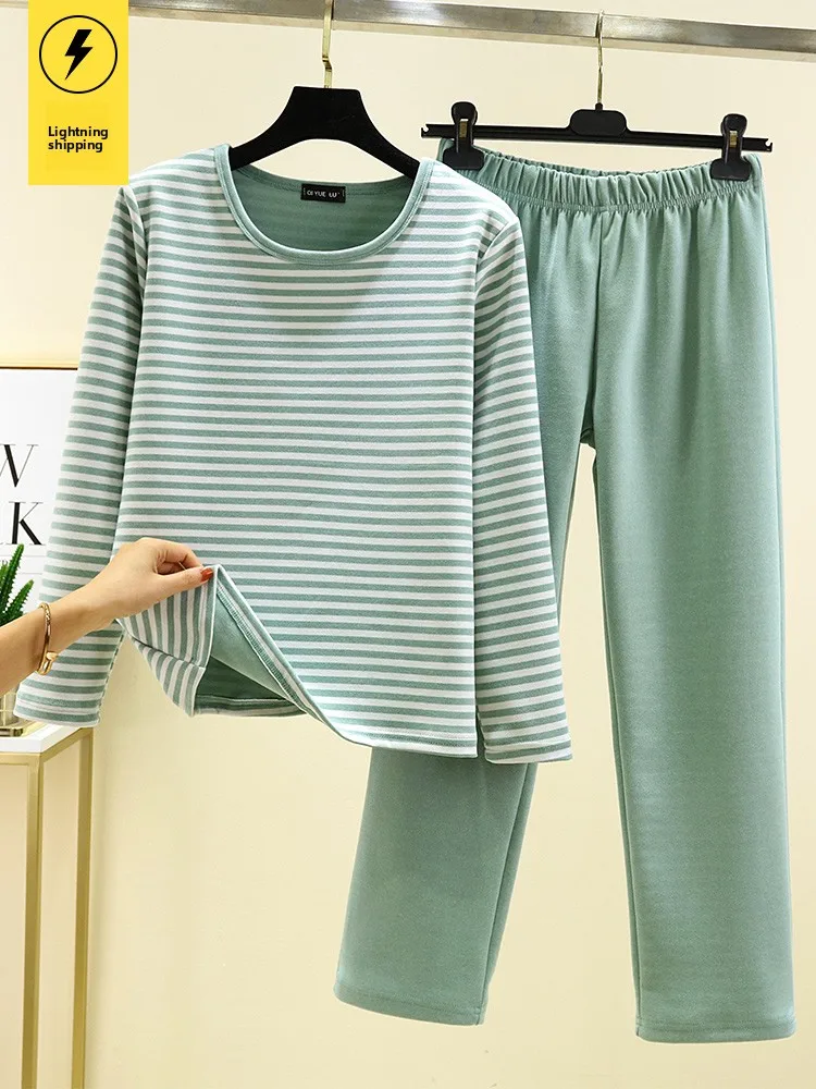 

Женский зимний теплый домашний комплект одежды больших размеров: свободные длинные брюки и толстовка, повседневный костюм-двойка, пижама в полоску Thiened Fce