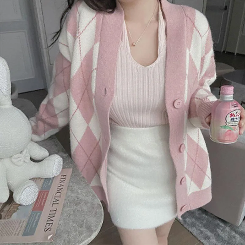 Harajuku Diamond Plaid Cardigan Female Japanese Style Vintage Thicken Knitted Coat Women Wild Single-Breasted V-Neck Cardigans