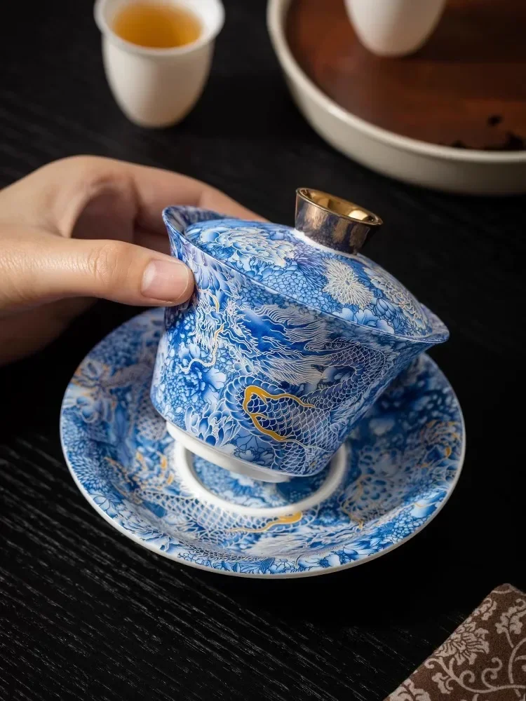 

1 set San Cai Gai Bowl Tea Cup Single High end Household Hovering Rotating Tea Bowl Anti scalding Ceramic Kung Fu Tea Set
