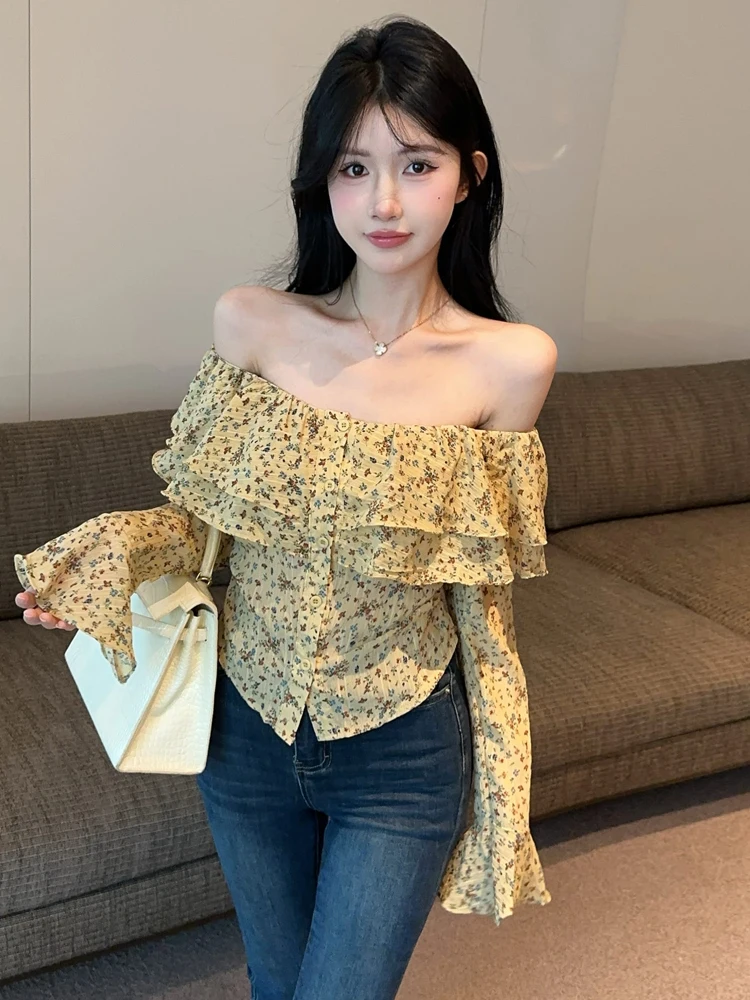 Floral Print Slim Fit T-Shirt with Bell Sleeves And High Waist Design Sweet Style Straight Cut Casual Top for Young Women