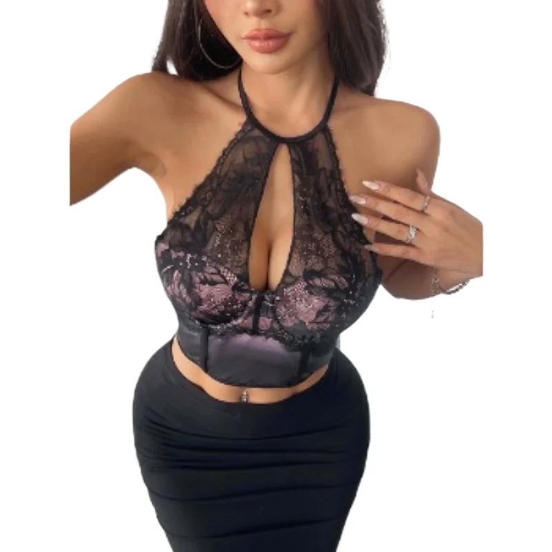 Sexy Lingеrie Lace Neck Tie Steel Ring Tanks Hollowed Out Lace Women Top Summer Corset Top Backless Top Y2k Women's Clothing