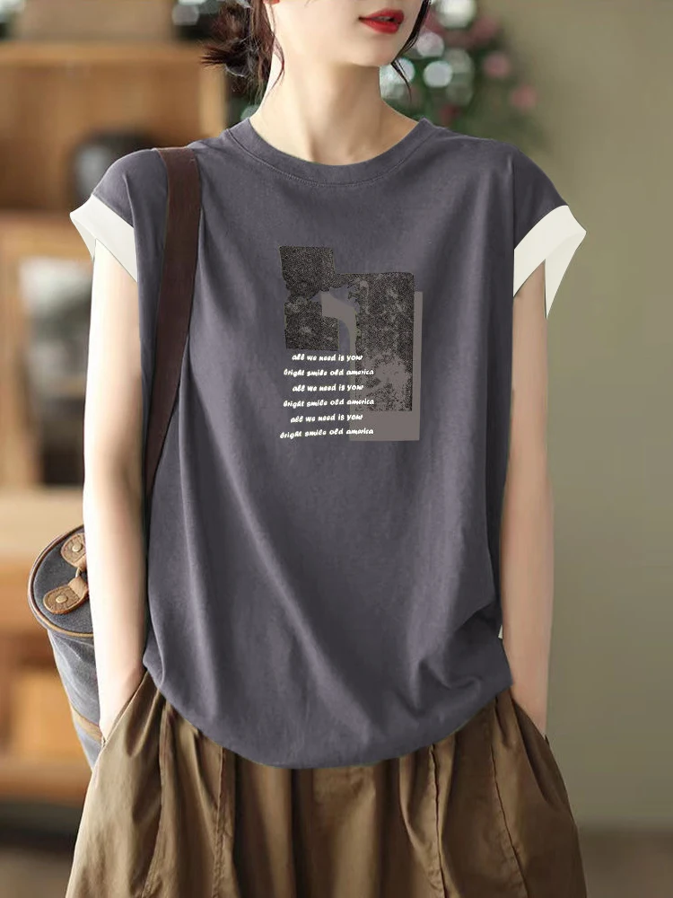 

Loose Fit Summer New Style Short Sleeve T-Shirt Women's Patchwork Color Block Korean Version Artistic Cotton Blend Slimming M...