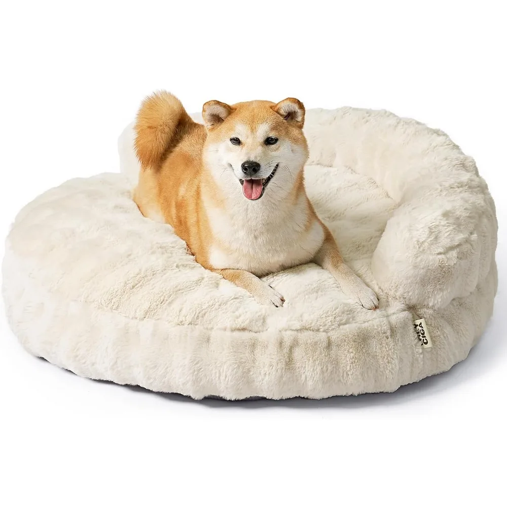 

Большой диван-кровать для собак — пушистый диван для домашних животных из искусственного меха для средних и больших собак, моющийся чехол, водонепроницаемый нескользящий, 36-дюймовый кремовый