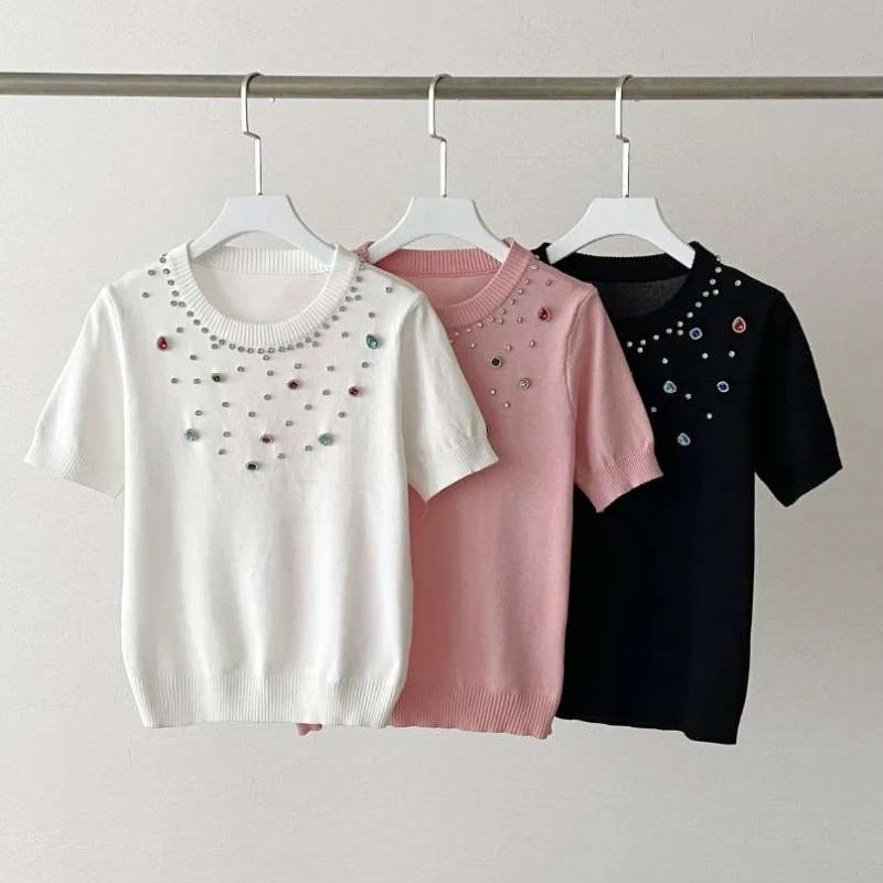 2024 Summer Diamonds Knit T-shirt Sweater Women Short Sleeve O-neck Pullover Tees Elegant Stylish Fashion Loose Ladies Jumpers