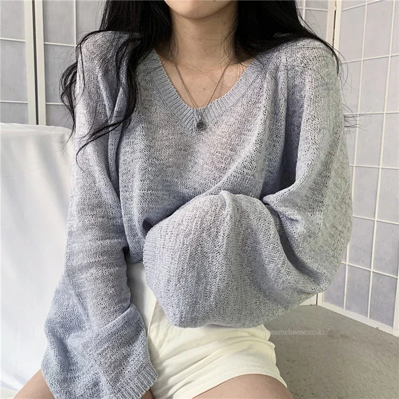 GIDYQ Harajuku Loose Sweater Women's Oversized V-neck Lazy Long Sleeve Pullover Elegant Fashion Sweet Casual Top New