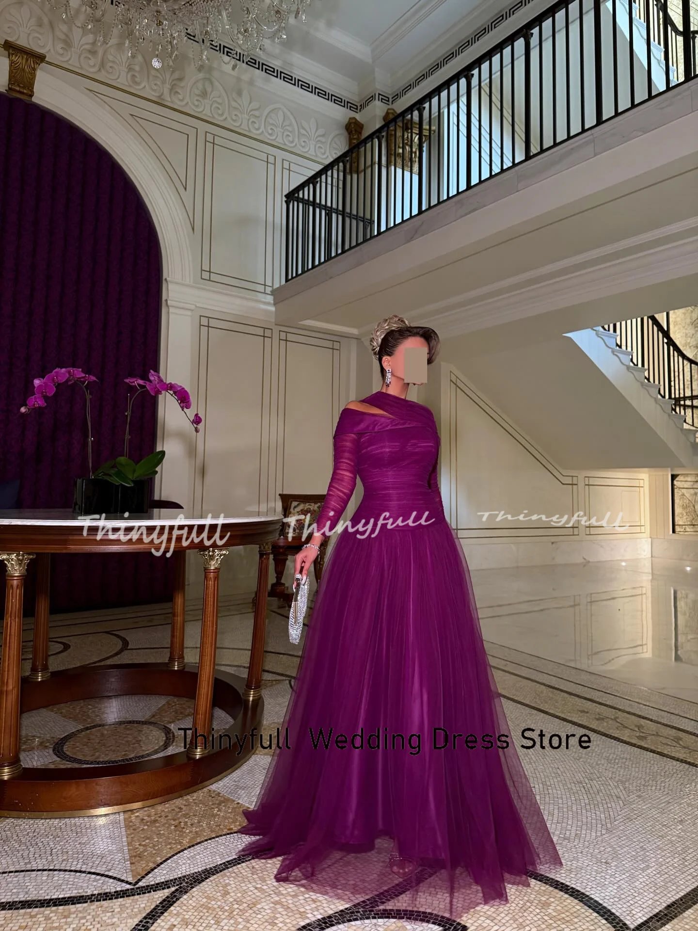 Thinyfull A라인 아랍 튤 프롬 드레스 긴 소매 이브닝 파티 드레스 두바이 공식 행사 가운 로브 드 소와레 맞춤 제작