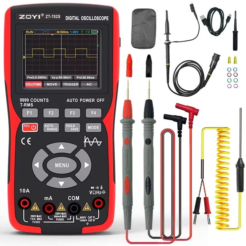 

ZOYI ZT-702S 2 in 1 Handheld Digital Automotive Oscilloscope Multimeter, Single Channel 10MHZ Bandwidth,64Kbyte Record Length,48