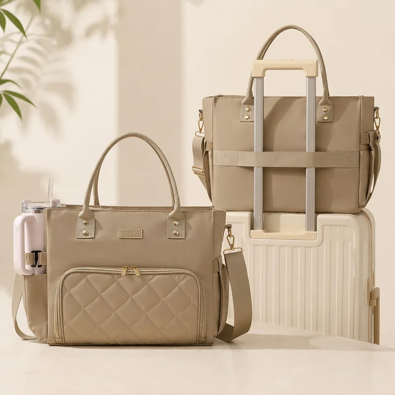 Multifunctional Laptop Tote Bag 13.3 14 Inch Quilted Commuter Handbag Crossbody Shoulder Work Bag for Office Travel