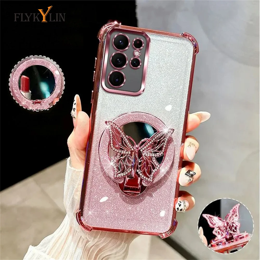 Luxury Plating Butterfly Stand Mirror Phone Case For Samsung S25 S24 S23 S22 Note 20 Ultra Soft Silicone Shockproof Cover
