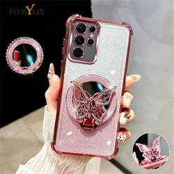 Luxury Plating Butterfly Stand Mirror Phone Case For Samsung S25 S24 S23 S22 Note 20 Ultra Soft Silicone Shockproof Cover