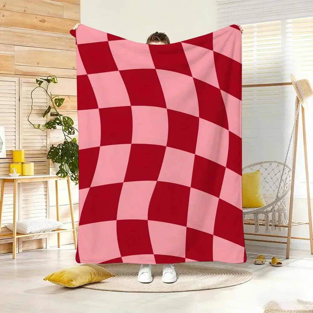 Wavy Checkerboard Throw Blanket Retro Pink Red Checkered Grid Pattern Couch Sofa Soft Bedding Quilt Y2K Aesthetic Room Decor