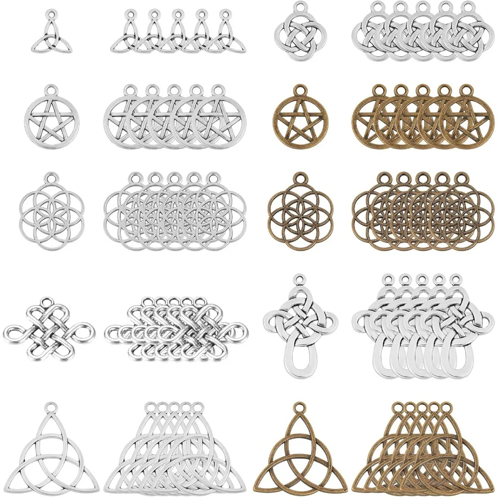 1 Box 60Pcs 10 Styles Celtic Knot Charms Pendants Pagan Chinese Trinity Knot Flower of Life Chakra Tibetan Style Alloy