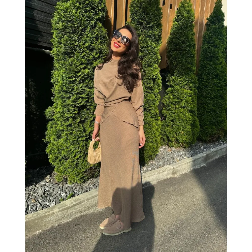 New Slim Shirt Long Skirt 2 Piece Set Fashion Long Sleeve Top & High Waist Dresses Office Casual Commuter Women's Clothing 2025