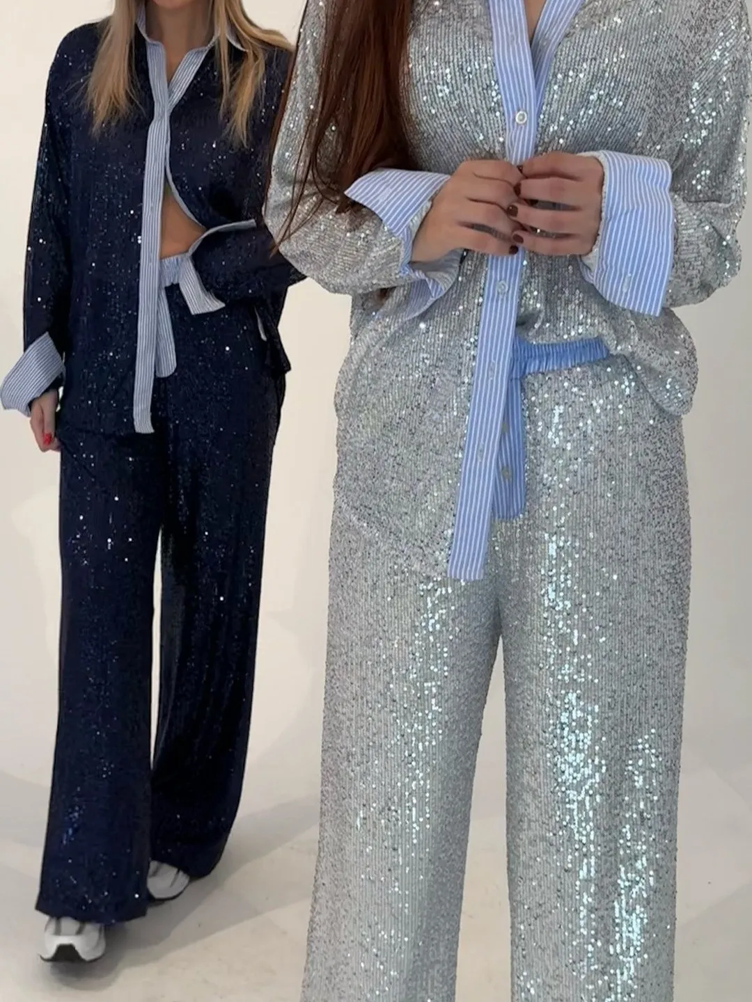 

Glitter Suit Jaet And Wide Leg Pants Two Piece Set iny Evening Wear Casual High Waist Wide Leg Pants mid Waist Jaet