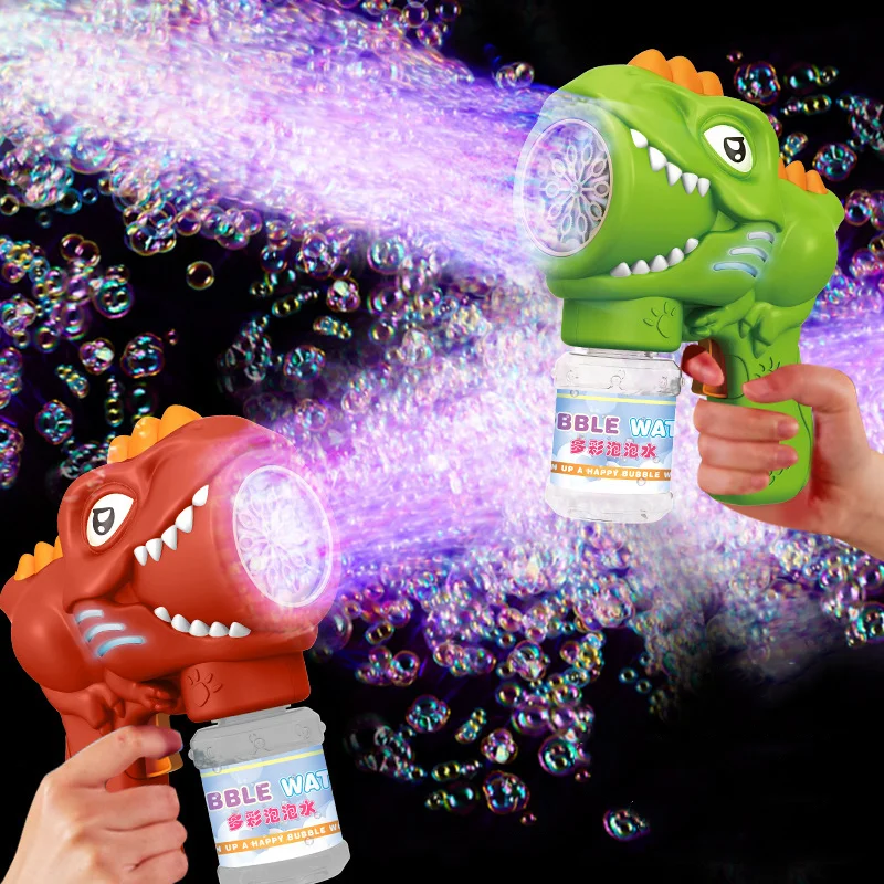 Pistola de bolha automática Dinosaur para crianças, brilho elétrico, máquina de bolha de sabão, brinquedos portáteis ao ar livre, presente, 10 buracos