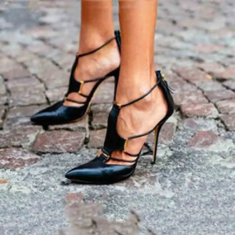 

Женские модельные туфли на высоком каблуке, черные туфли-лодочки с Т-образным ремешком и молнией сзади, привлекательные туфли с вырезами и острым носком на тонком каблуке, 2024