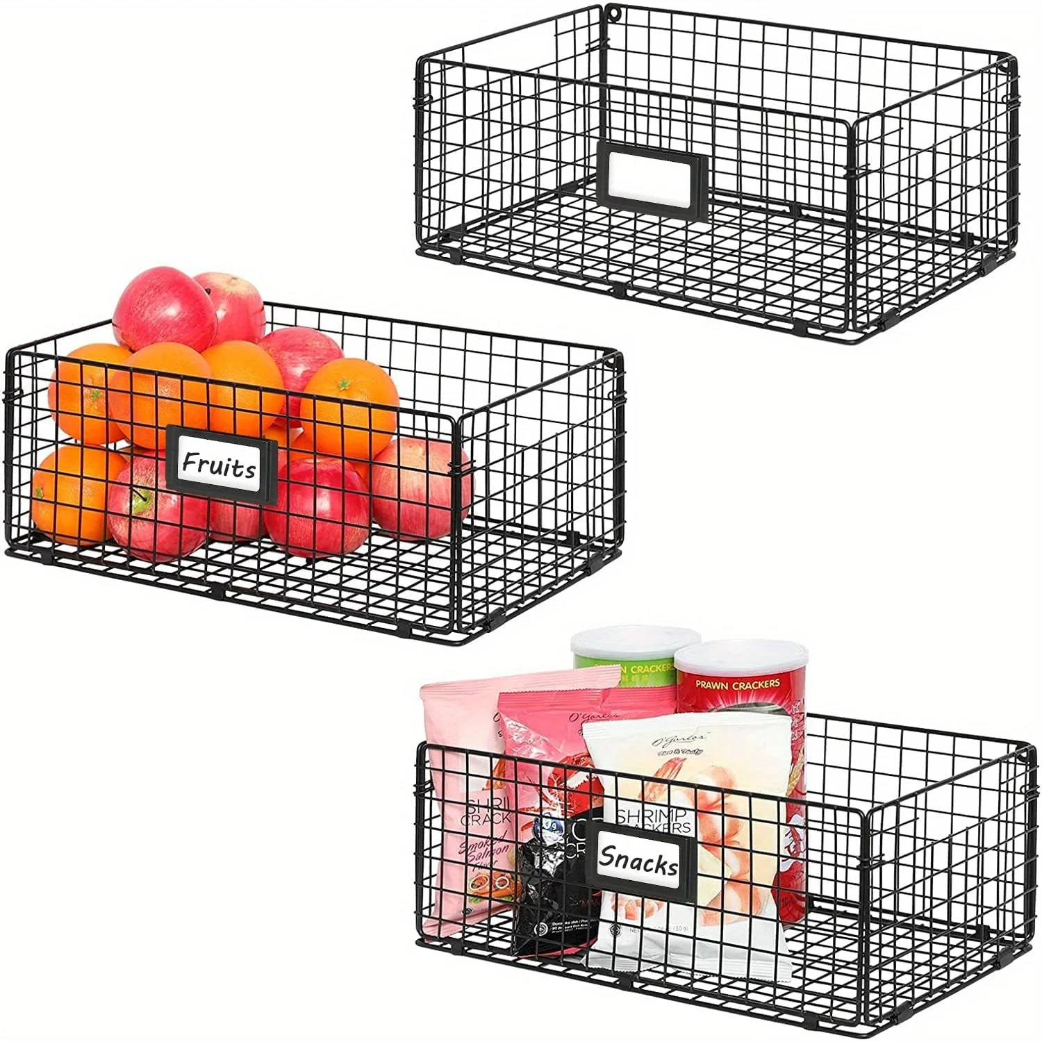 

3-Pack X-cosrack Foldable Metal Wire Basket Organizer with Handles & Wall Mount - 16"x9.5"x6" Mesh Storage Bins for Kitchen, Bat
