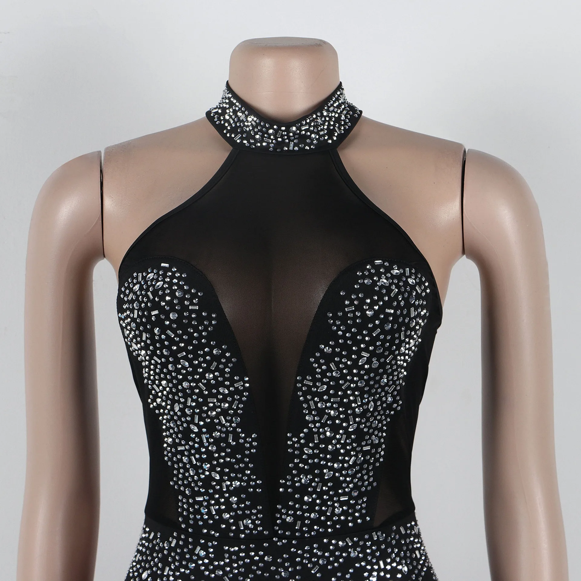 Sexy Nightclub Party Club Banquet Prom Hot Rhinestone See-through Backless Neckline Stretch Jumpsuit