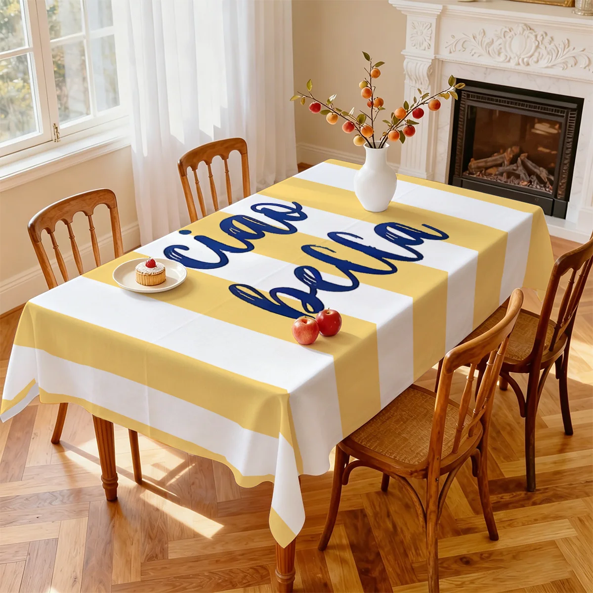 

Simple Italian Style Tablecloth for Table Waterproof Durable Table Cloths Yellow White Striped Print Table Cover for Kitchen