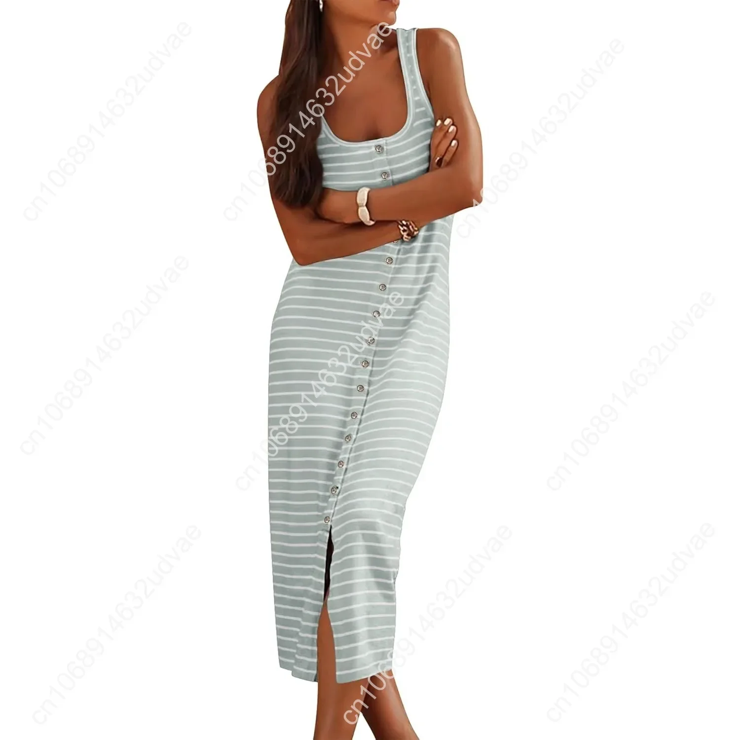 

Women Casual Sleeveless Striped Tank Midi Dresses Spring U Neck Bodycon Dresses T Shirt Summer Dress