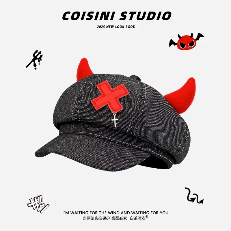 nicho-pequeno-diabo-chifre-cruz-decorativo-cowboy-pintor-chapeu-feminino-primavera-verao-escuro-y2k-punk-octogonal-aba-curta-bone-jornaleiro