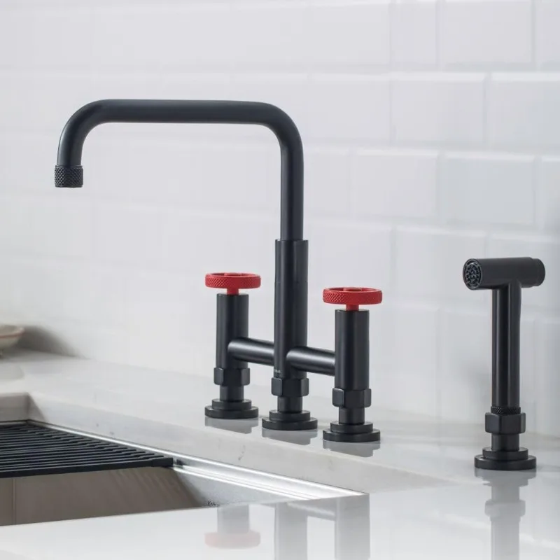 Urbix Industrial Bridge Kitchen Faucet with Side Sprayer in Matte Black/Red, KPF-3125MBRD