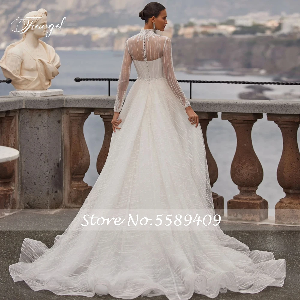 Traugel Elegant Illusion High Neck Long Sleeve A Line Wedding Dresses Luxury Appliques Beaded Court Train Vintage Bridal Gown