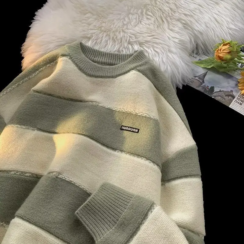 

Loose Men's Knitted Sweater Autumn Winter New Sle Color Blo College Sle round Ne Pullover Casual Long Sve Top