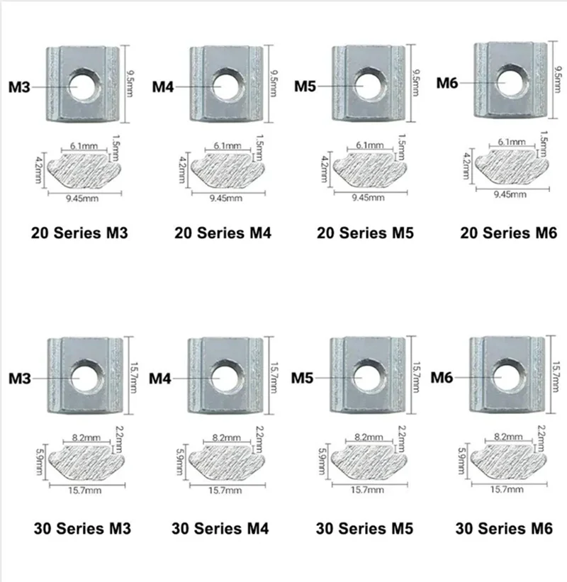 20PCS T Block Square Nut M3 M4 M5 M6 T-Track Sliding Hammer Nut for 2020/3030 Series Aluminum Profile Slot Connector Accessor