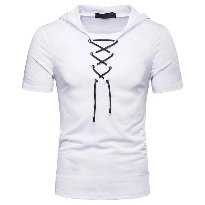 New European And American Men\'s Hooded Loose Tie Up Hip-hop Casual Short Sleeved T-shirt