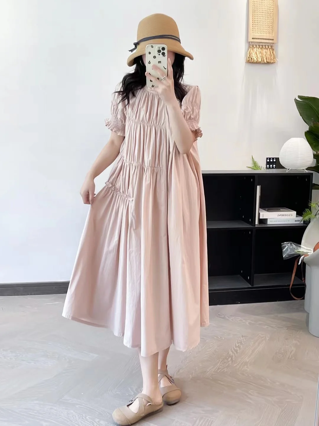 Summer women's clothing korean fashion o neck short sleeve pleated patchwork solid dress for women pink cotton dresses