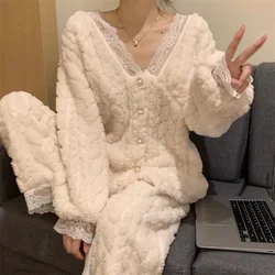 Pajamas Women Autumn Winter Small Fragrant Coral Velvet V-neck Lace Flannel and Velvet Thickened Plus-size Home Wear Loungewear